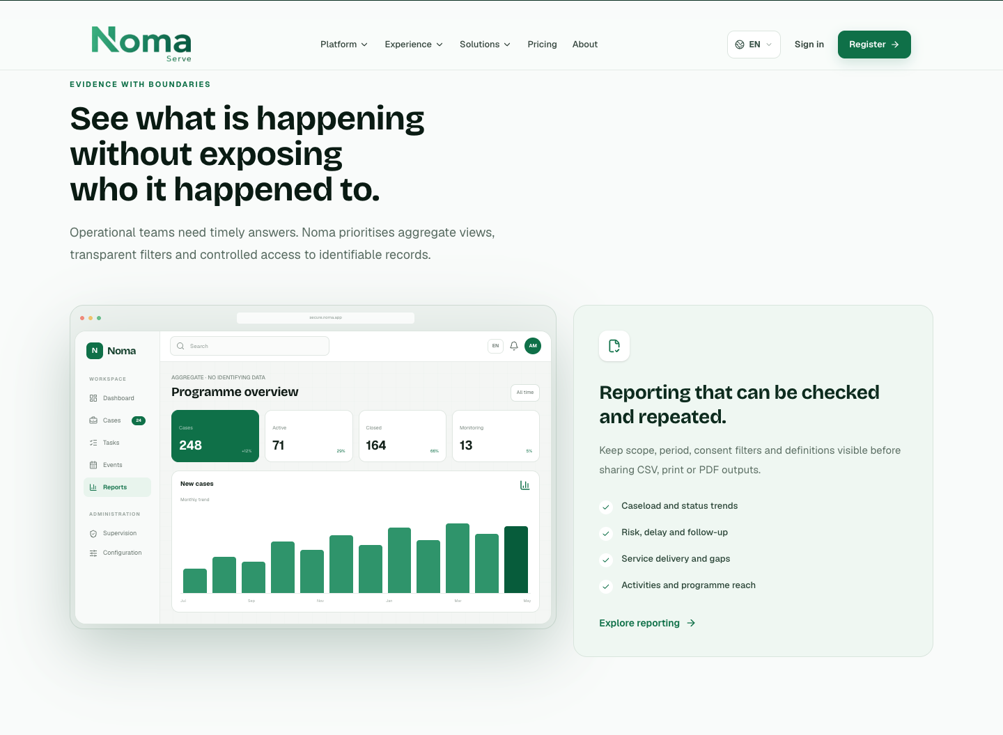 Noma programme reporting interface shown on nomaserve.com